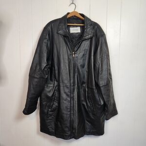 Vintage Black Leather Coat Jacket Midi 90s 1990s Womens Size 3X Loose Oversized
